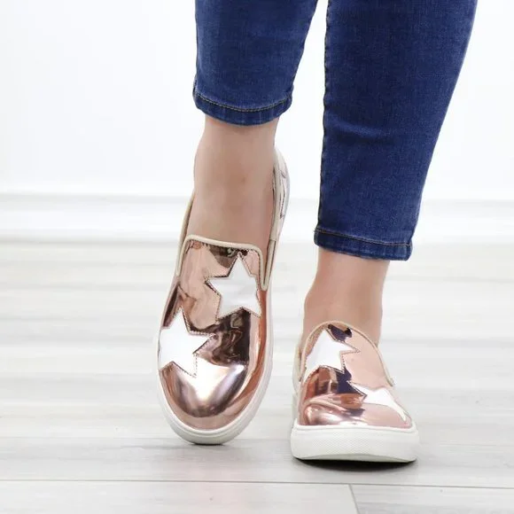 Rose Gold With White Stars Patent Sneakers Shoes - Picture 10 of 14